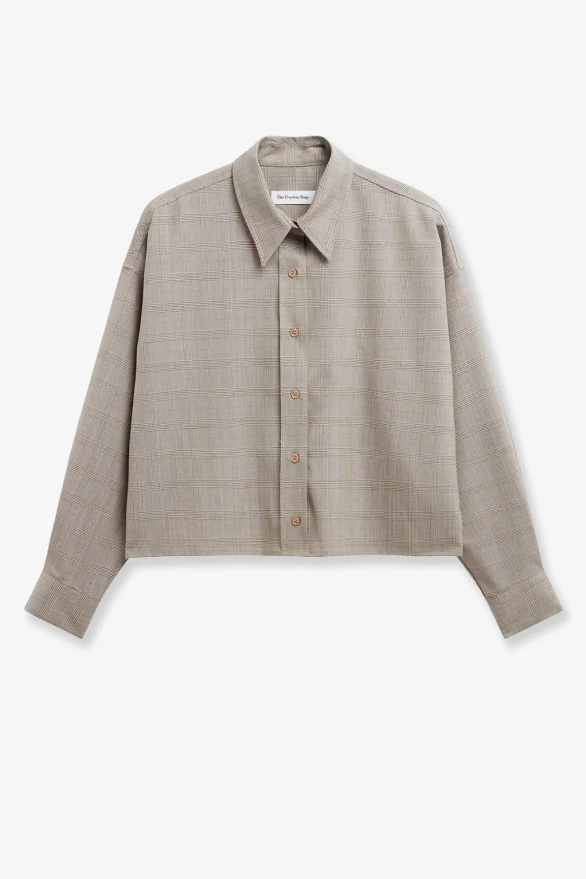 The Frankie Shop women’s Arlen beige plaid button-up shirt in virgin wool blend with classic collar and long sleeves