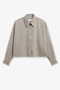 The Frankie Shop women’s Arlen beige plaid button-up shirt in virgin wool blend with classic collar and long sleeves