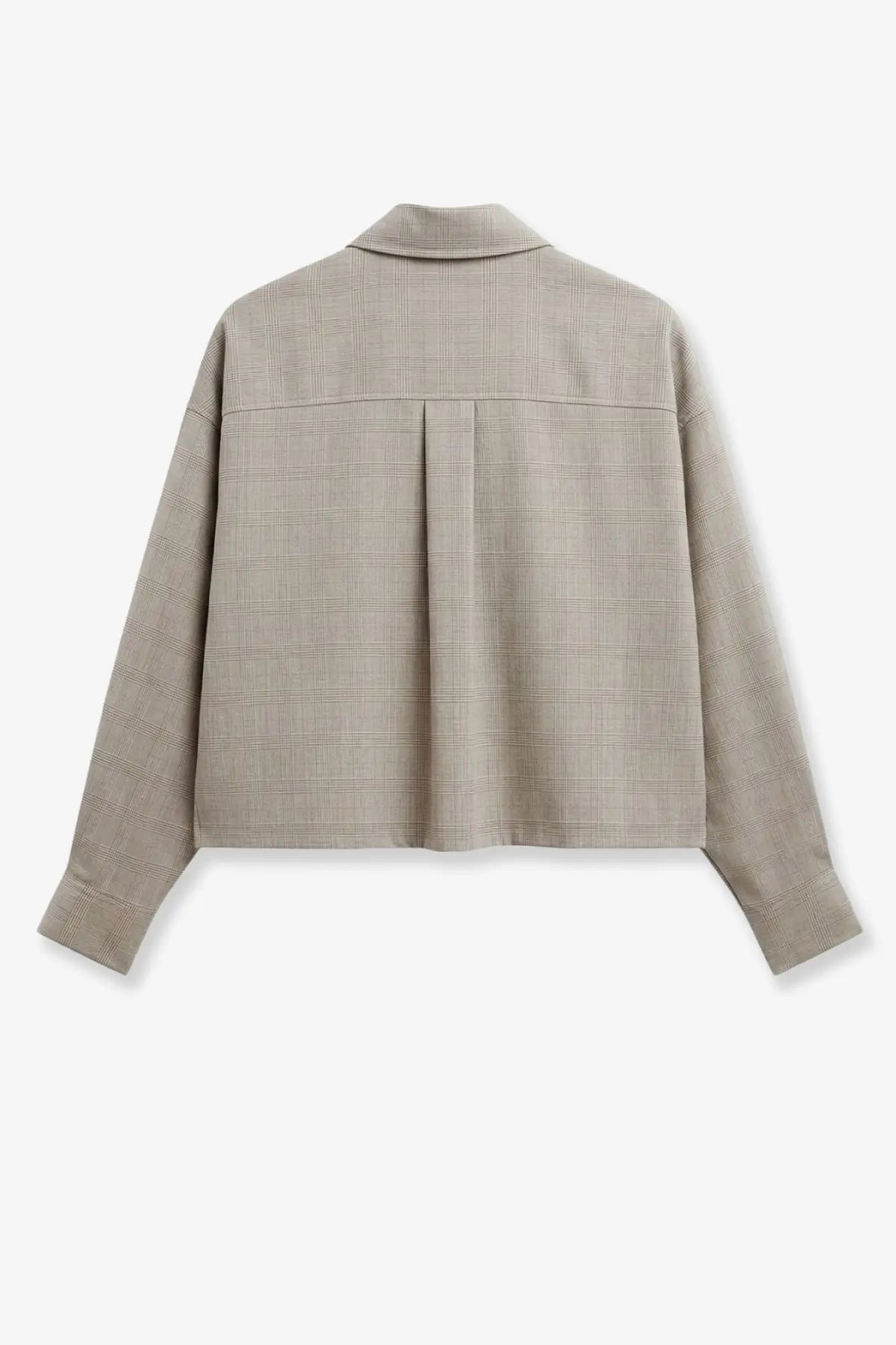 The Frankie Shop women’s Arlen beige plaid long-sleeved shirt in virgin wool blend with collar and center pleat