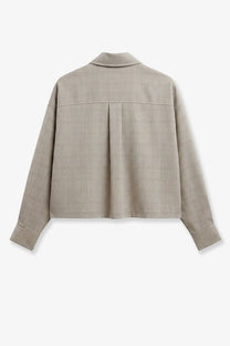 The Frankie Shop women’s Arlen beige plaid long-sleeved shirt in virgin wool blend with collar and center pleat