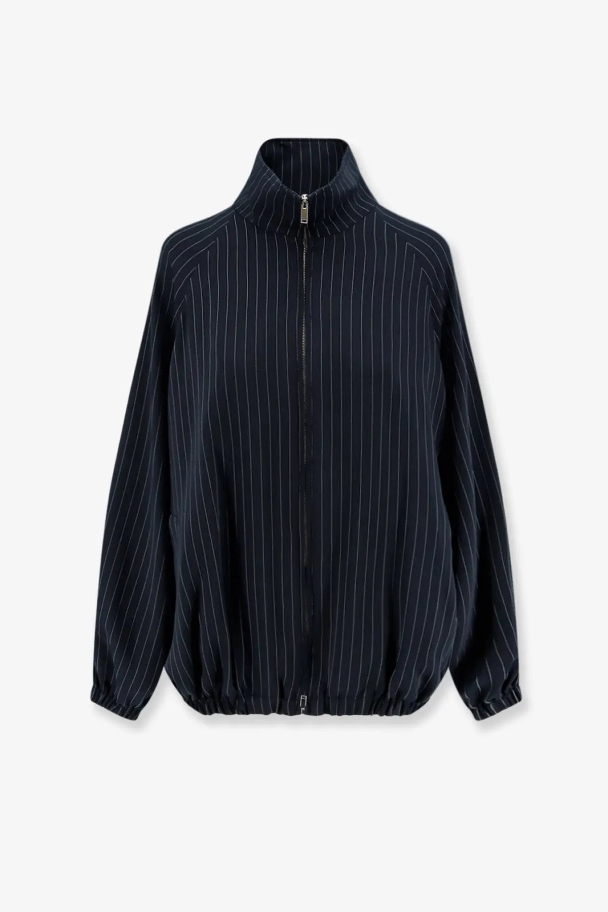 The Frankie Shop women’s Baxter pinstripe navy blue zip-up jacket with high collar and elasticated cuffs made from recycled material