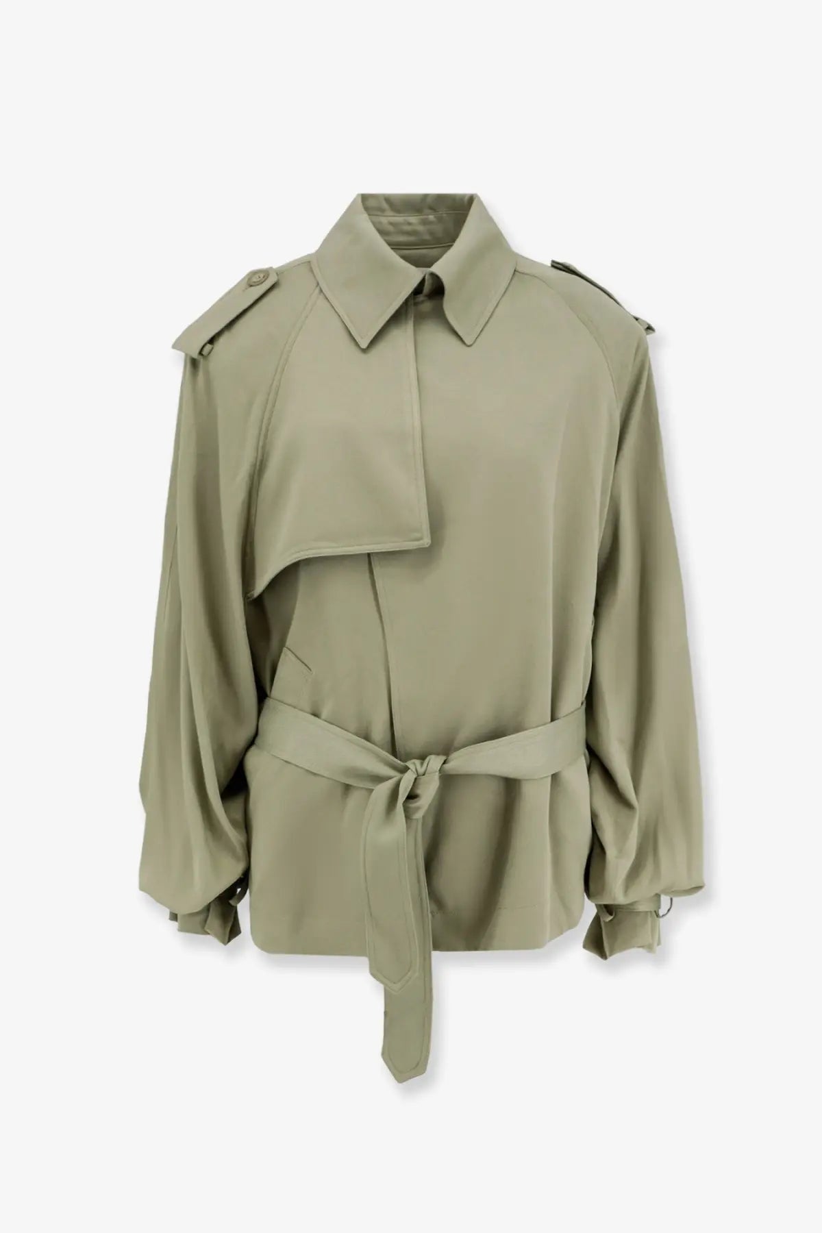 The Frankie Shop women’s elva fluid viscose trench coat in olive green with a belted waist and shoulder epaulets