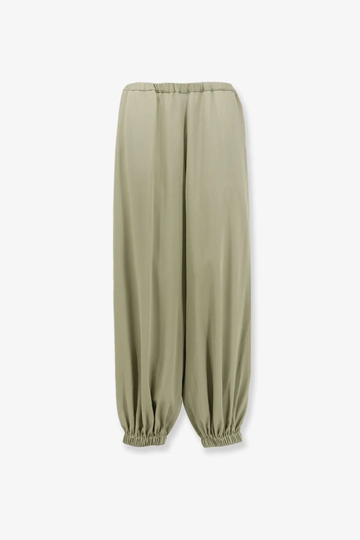 Olive green wide-leg viscose trousers with elastic waistband and gathered cuffs from the frankie shop