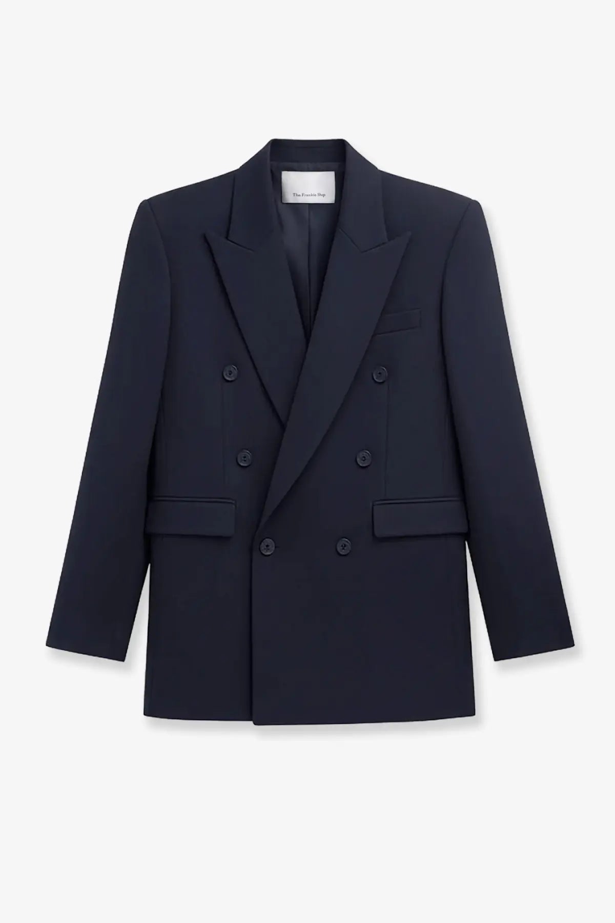 The Frankie Shop women’s Monterey structured wool blend blazer in sleek navy blue with double-breasted matching buttons