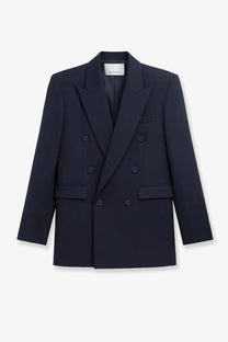 The Frankie Shop women’s Monterey structured wool blend blazer in sleek navy blue with double-breasted matching buttons