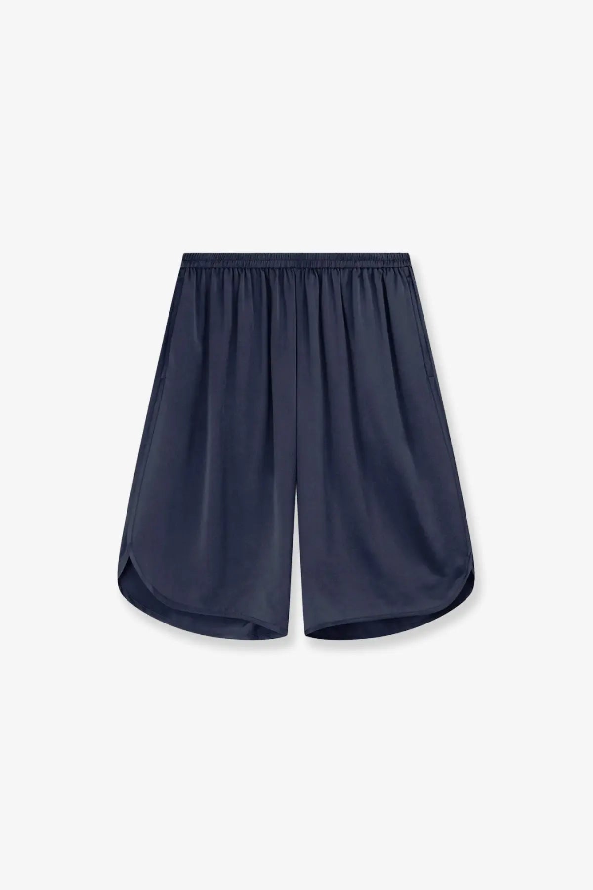 Navy blue silk satin bermuda shorts with relaxed silhouette and elastic waistband by the frankie shop womens nelis