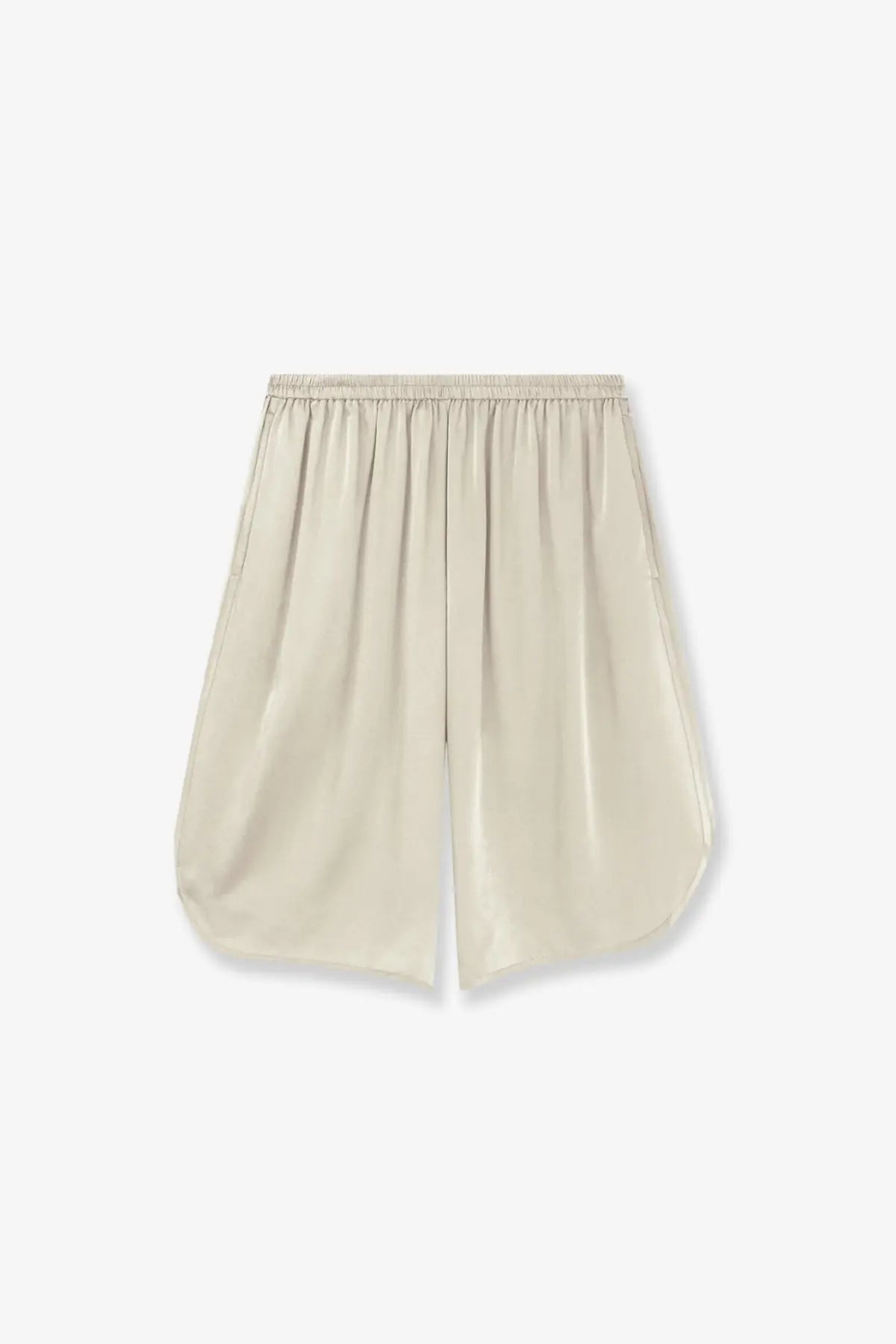 Beige satin bermuda shorts with elastic waistband and relaxed flowing silhouette from the frankie shop women’s nelis collection