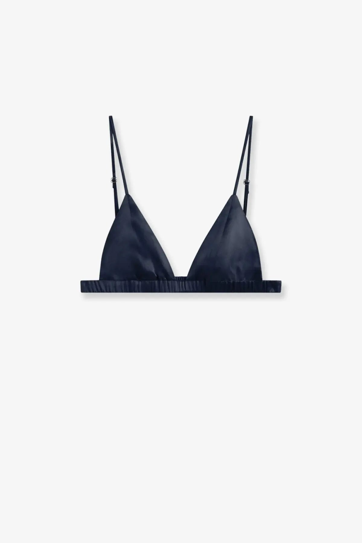 The Frankie Shop women’s Nina satin bralette in navy blue features a triangle shape with thin adjustable straps