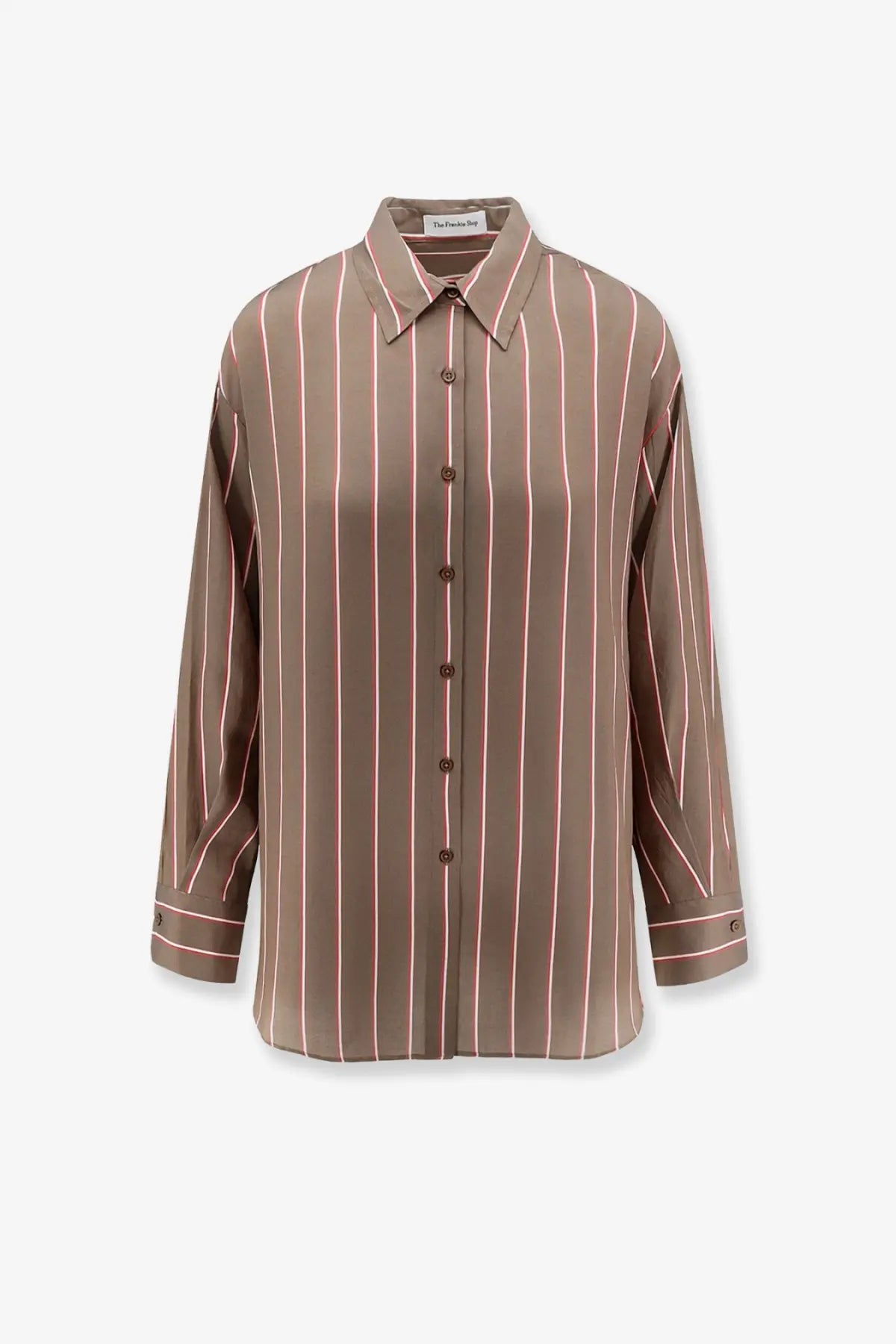 The Frankie Shop women’s peri fluid viscose and silk shirt in brown features a soft taupe silk blouse with pink stripes