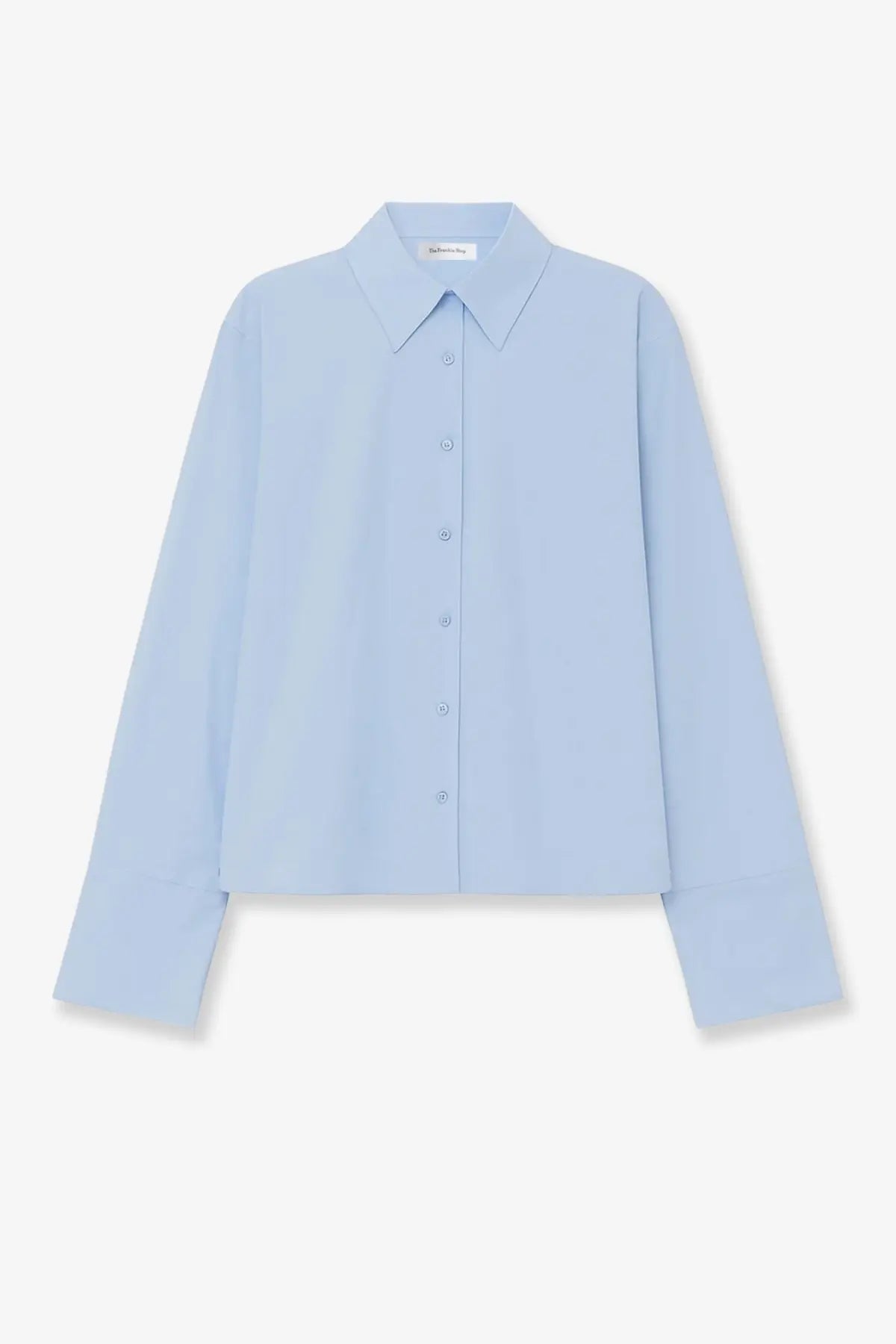 The Frankie Shop women’s tila organic cotton shirt in light blue features long sleeves and a classic collar with clean lines