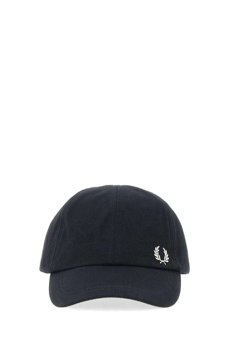 Black cotton fred perry men’s baseball cap with white embroidered laurel wreath logo on the front