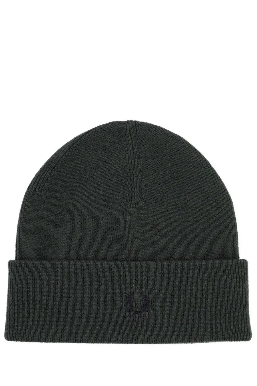 Fred Perry men’s dark olive green ribbed knit beanie with folded cuff and small black embroidered logo on front