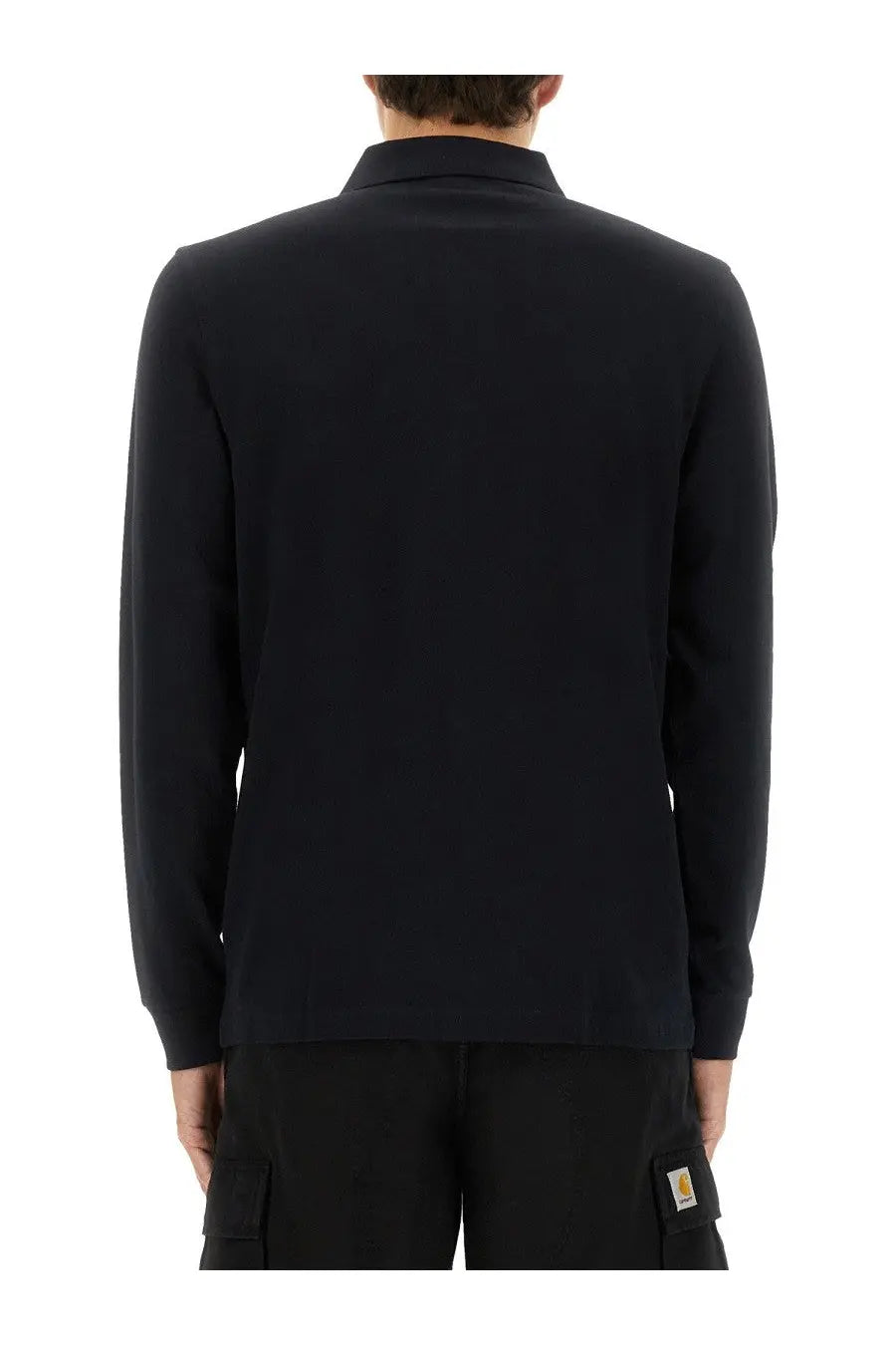 Black long-sleeved carhartt cotton polo shirt with classic collar and subtle stitching details for men