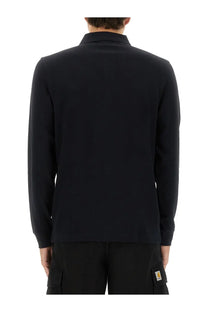 Black long-sleeved carhartt cotton polo shirt with classic collar and subtle stitching details for men
