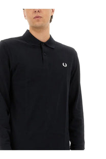 Fred Perry men’s black cotton long-sleeved polo shirt with white laurel wreath logo on the left chest