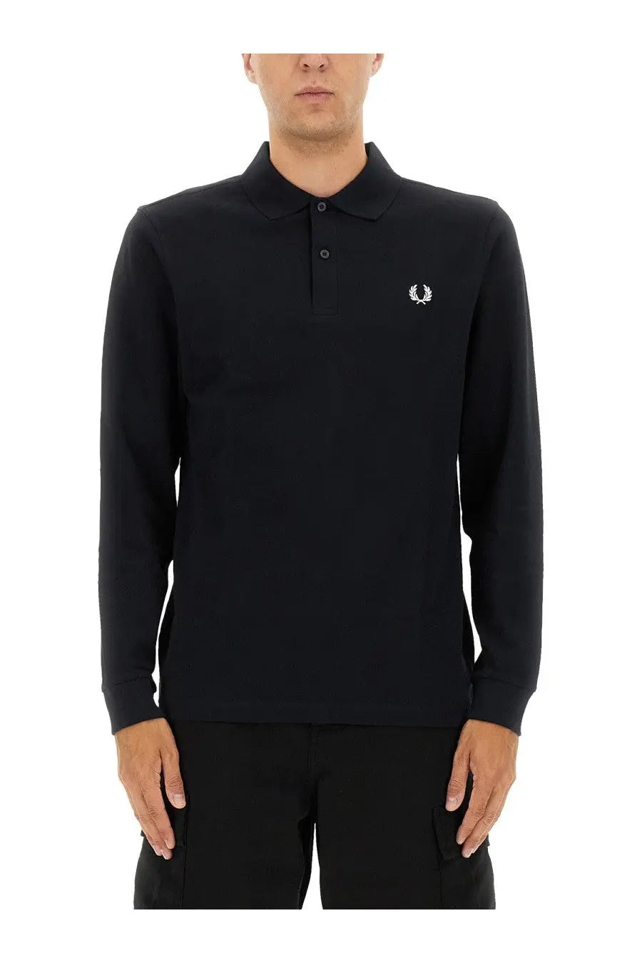 Black long-sleeved cotton polo shirt with white embroidered laurel wreath logo by Fred Perry for men