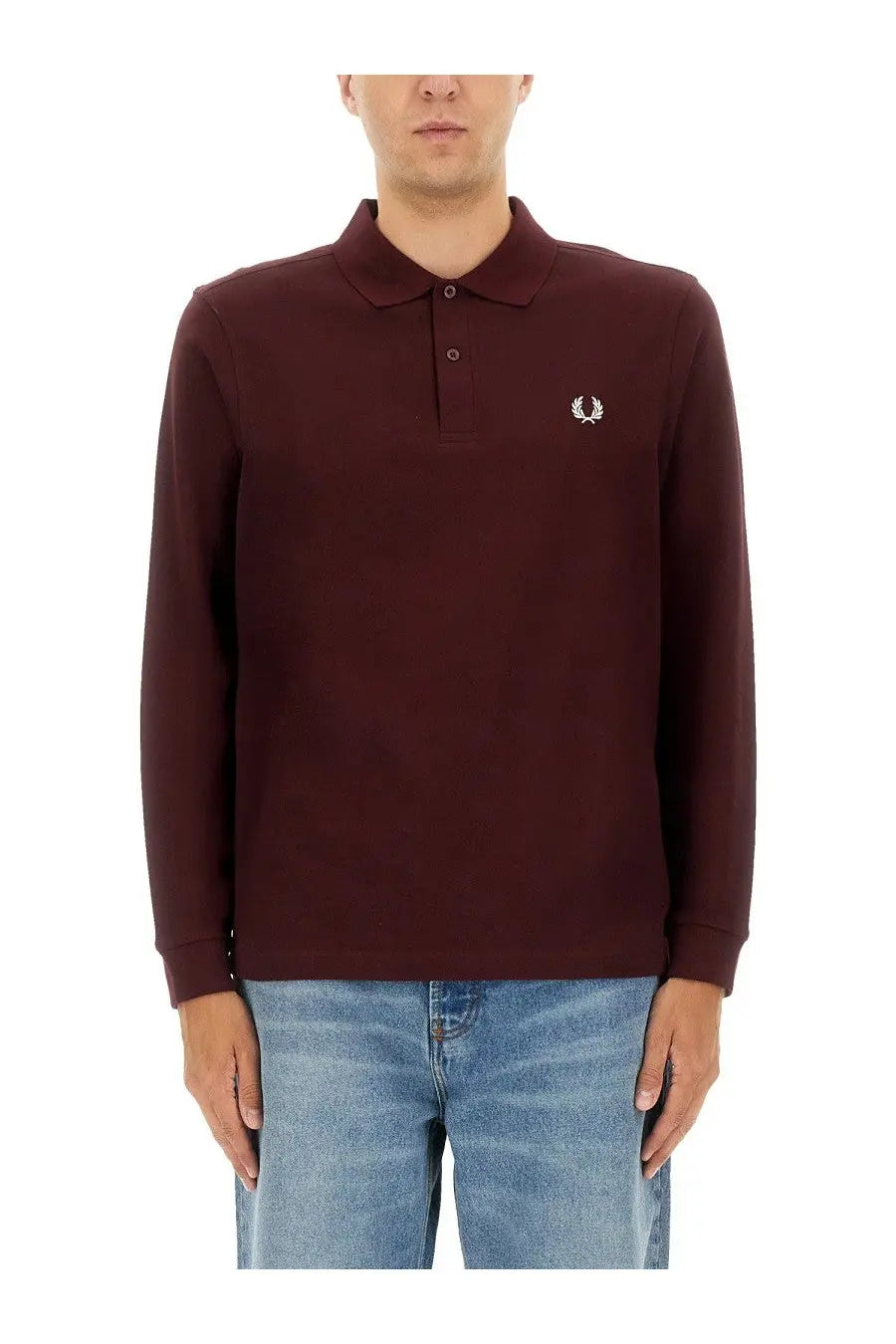 Fred Perry men’s cotton polo shirt in maroon with long sleeves and white embroidered laurel wreath logo on chest