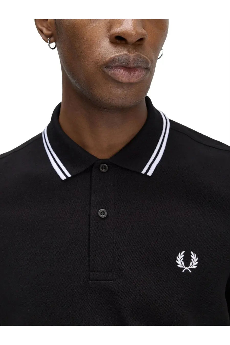 Black Fred Perry men’s polo shirt with white contrast trim and embroidered laurel logo in cotton fabric