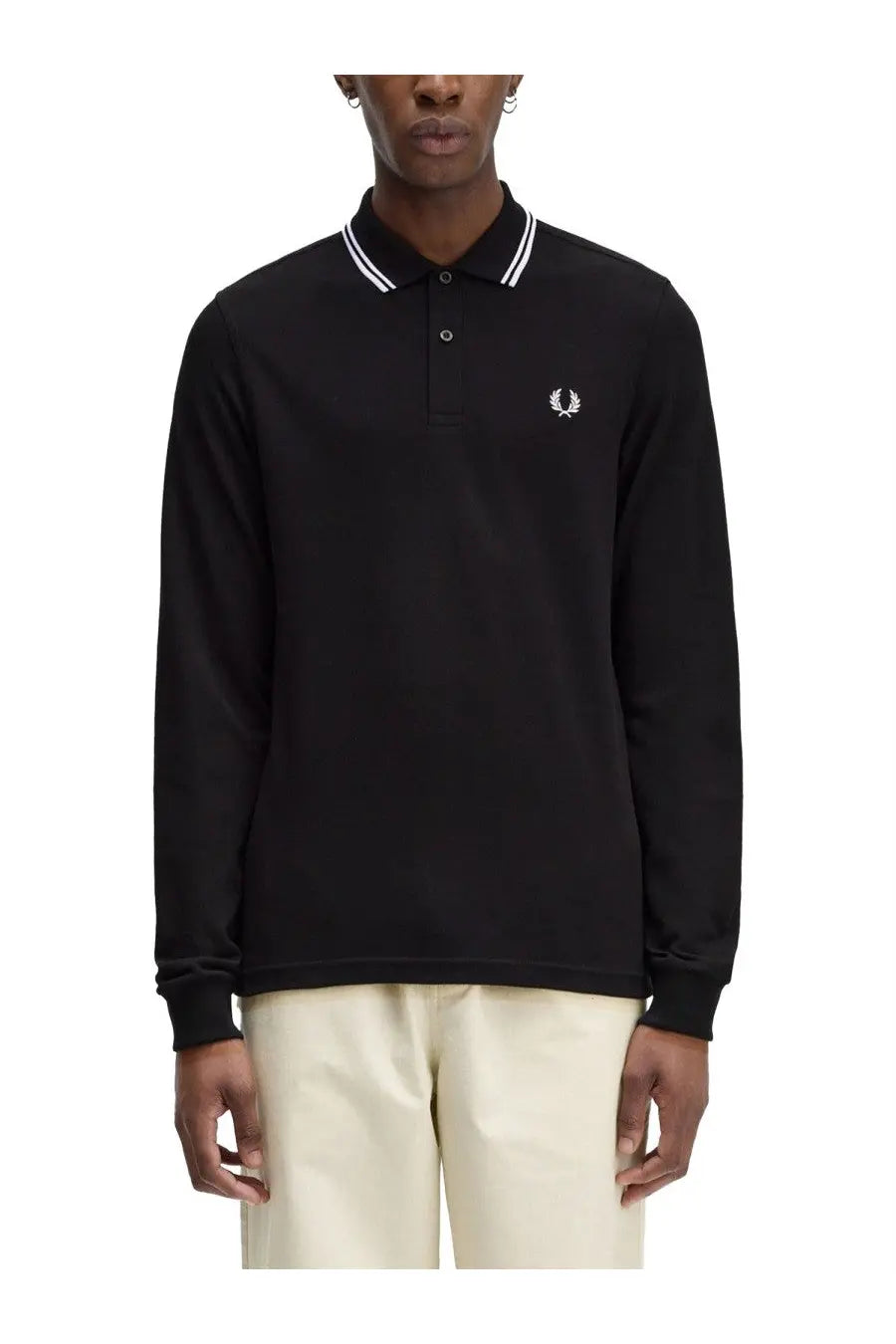Fred perry men’s black long-sleeved polo shirt with white collar trim and laurel wreath logo on chest