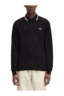 Fred perry men’s black long-sleeved polo shirt with white collar trim and laurel wreath logo on chest
