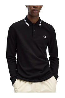 Fred perry men’s black long-sleeved polo shirt with white collar trim and laurel wreath logo on the chest