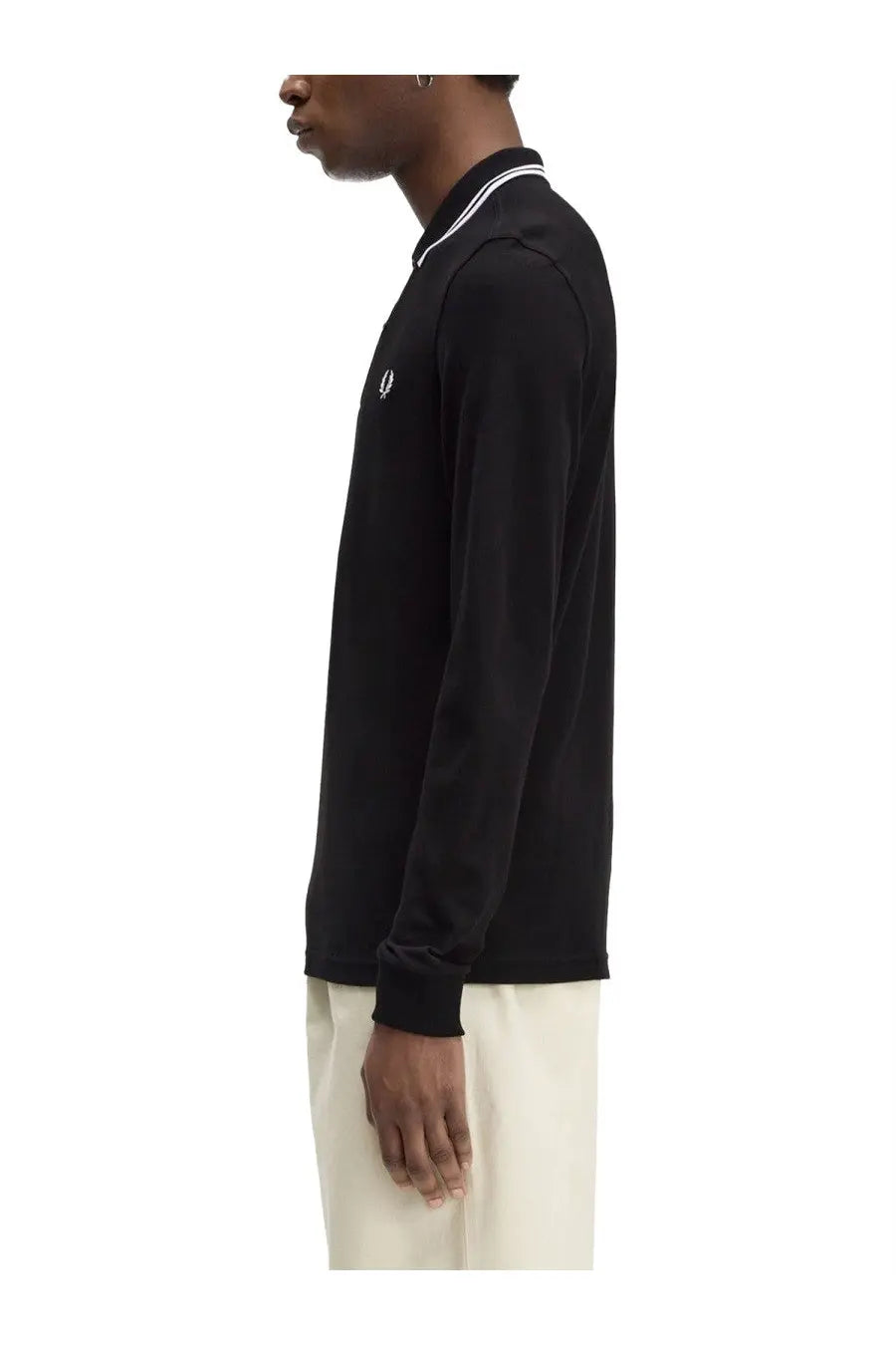 Fred Perry men’s black long-sleeved polo shirt with white trim and embroidered logo on the chest