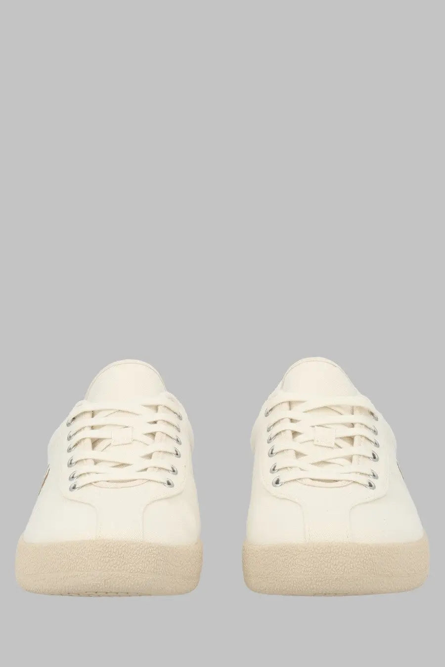 Fred Perry men’s fp tennis shoe in cream-colored poly canvas with white laces and silver eyelets