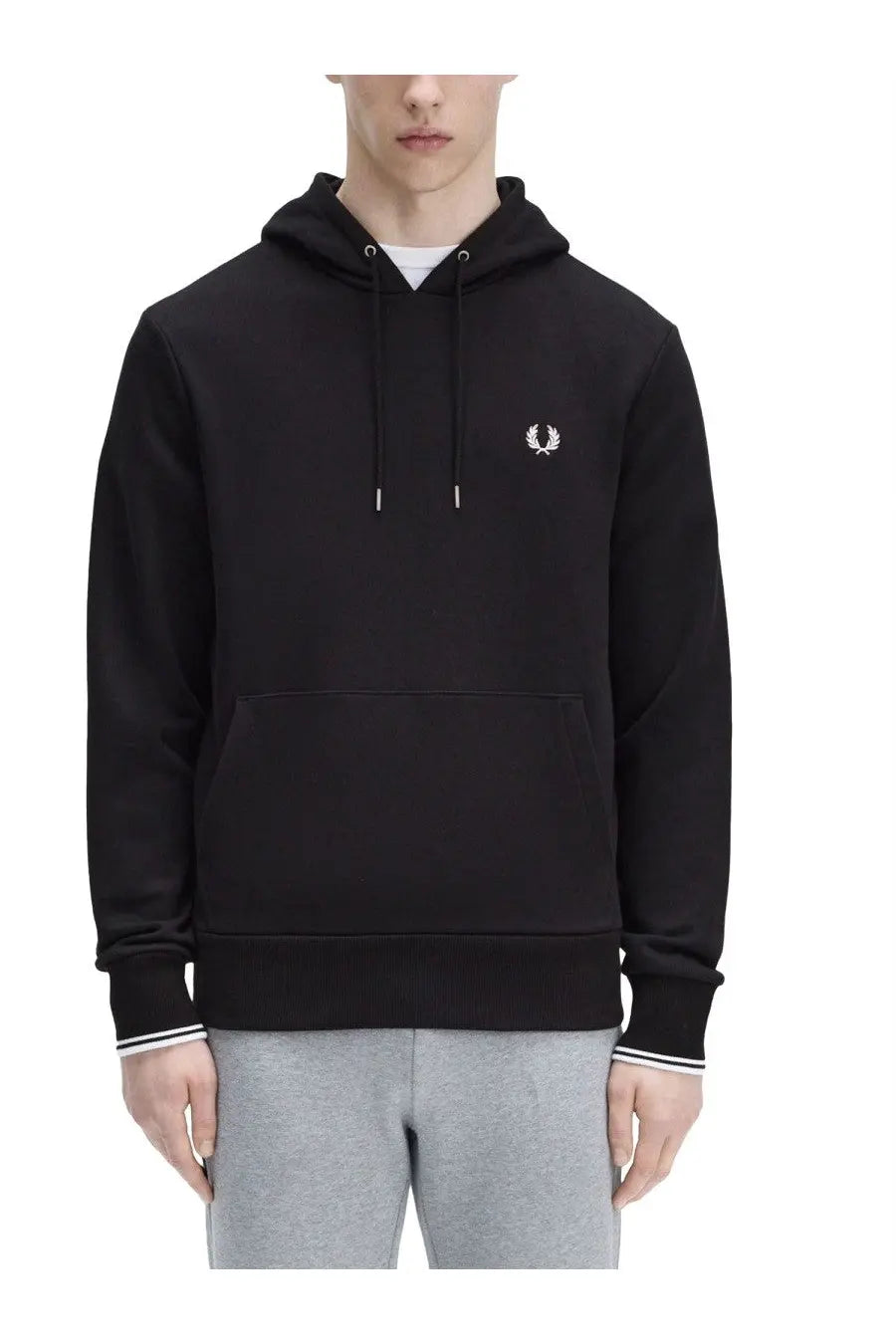Fred Perry men’s black hoodie with white embroidered laurel wreath logo and contrasting white drawstrings