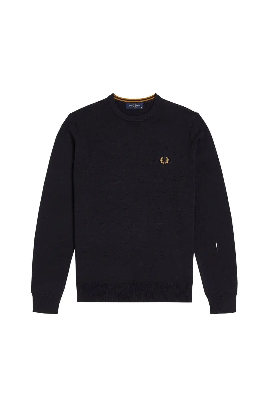 Black fred perry sweatshirt with gold laurel wreath logo and matching gold collar trim from fred perry men’s jersey blue collection