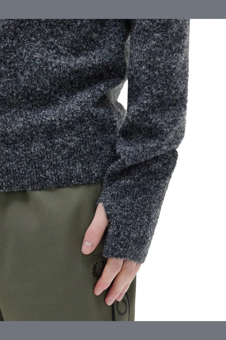 Fred Perry men’s jersey blue dark gray heathered knit sweater with textured fuzzy fabric and ribbed cuffs