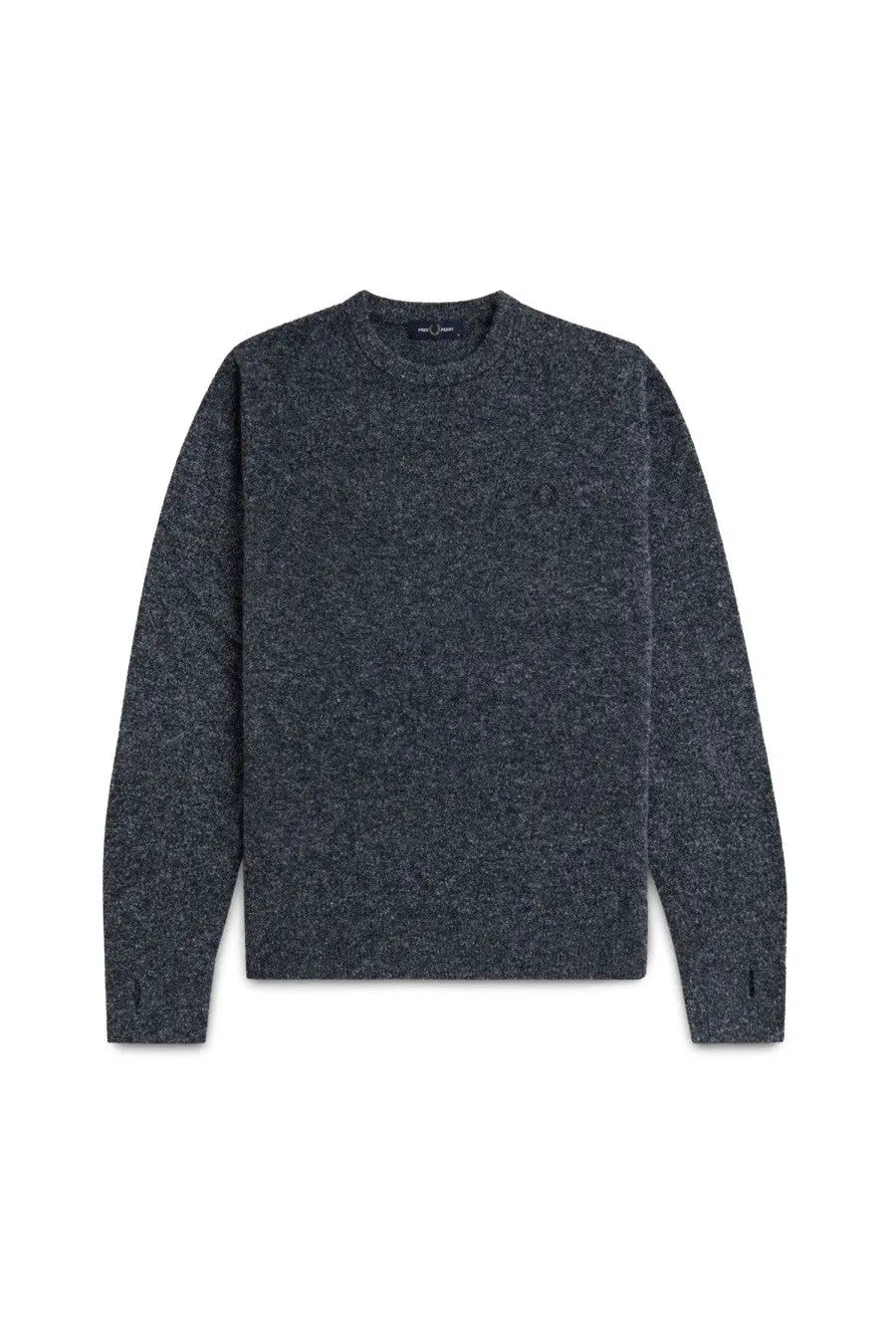 Fred Perry men’s jersey blue dark gray heathered knit sweater with classic crew neck and ribbed cuffs