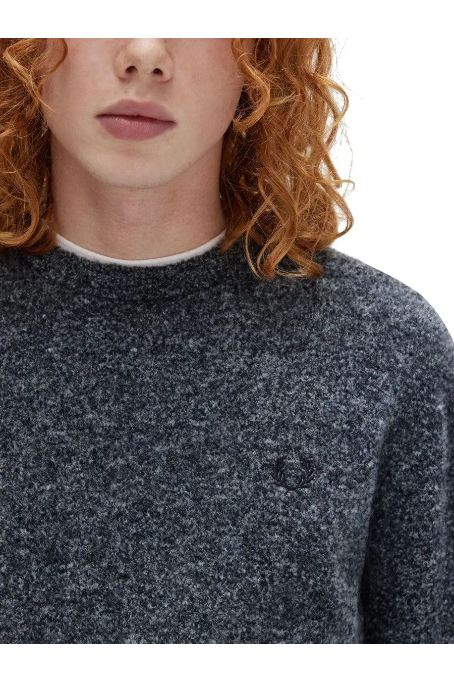 Dark gray heathered knit sweater with subtle texture and small chest embroidered logo by fred perry men’s jersey blue