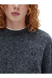 Dark gray heathered knit sweater with subtle texture and small chest embroidered logo by fred perry men’s jersey blue