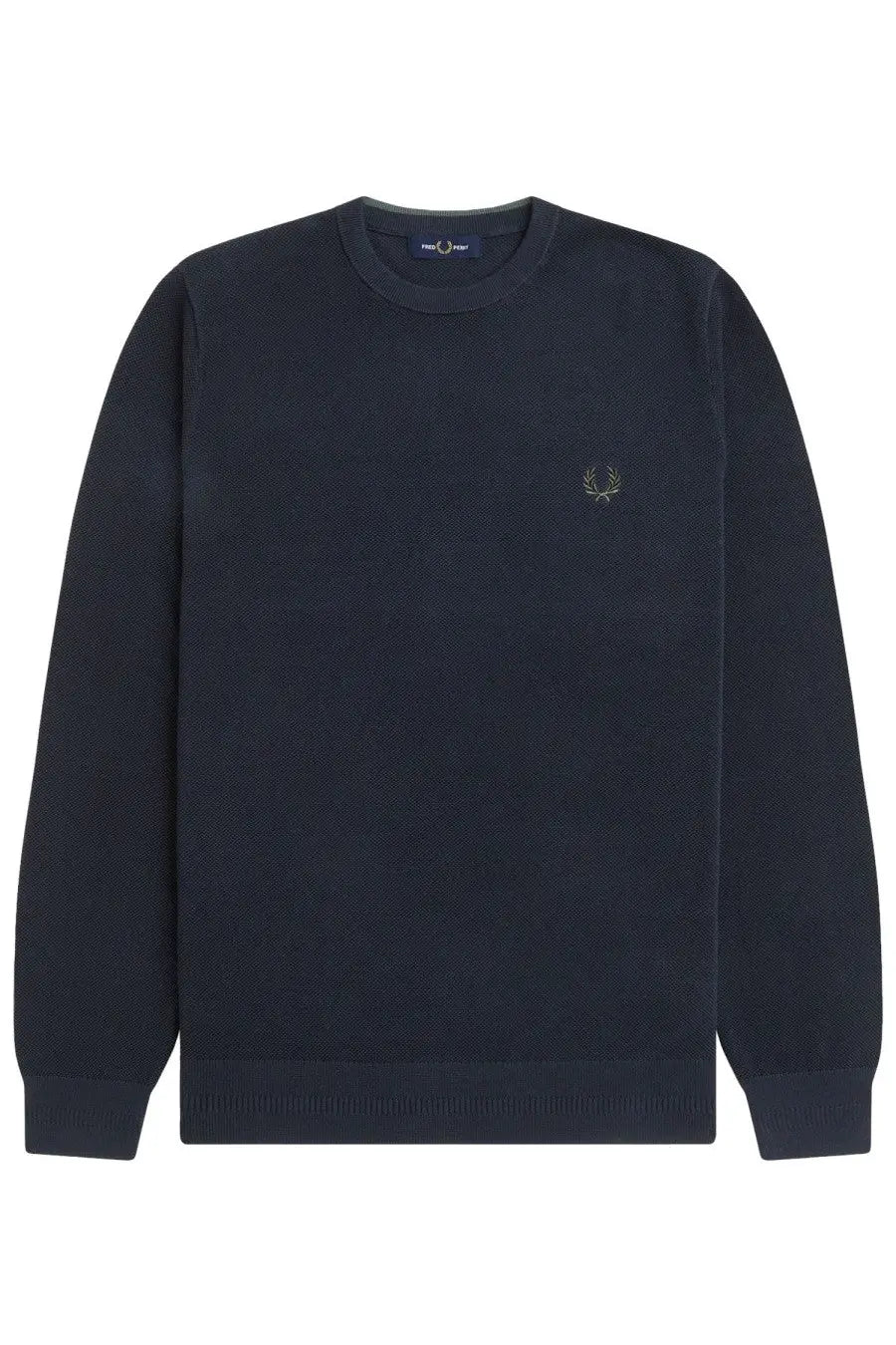 Fred Perry men’s jersey blue dark navy crewneck sweater with subtle textured knit and laurel wreath logo on left chest