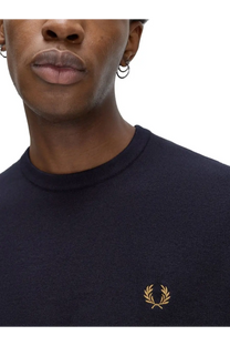 Navy blue Fred Perry men’s knit crew neck sweater with gold embroidered laurel wreath logo in jersey fabric
