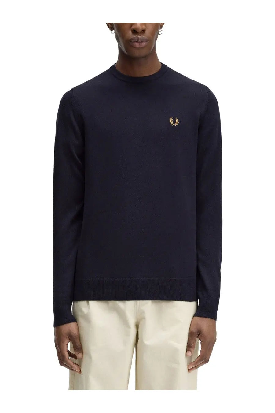 Navy blue Fred Perry men’s jersey sweatshirt with gold embroidered laurel wreath logo on the chest