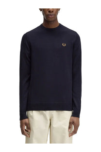 Navy blue Fred Perry men’s jersey sweatshirt with gold embroidered laurel wreath logo on the chest