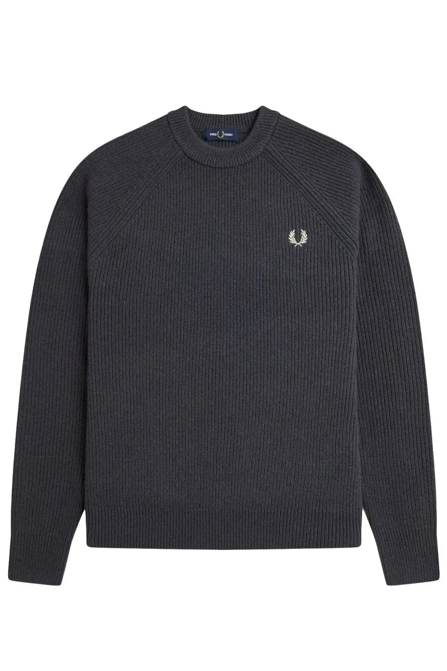 Fred Perry men’s jersey grey dark grey ribbed knit sweater with white laurel wreath logo on left chest