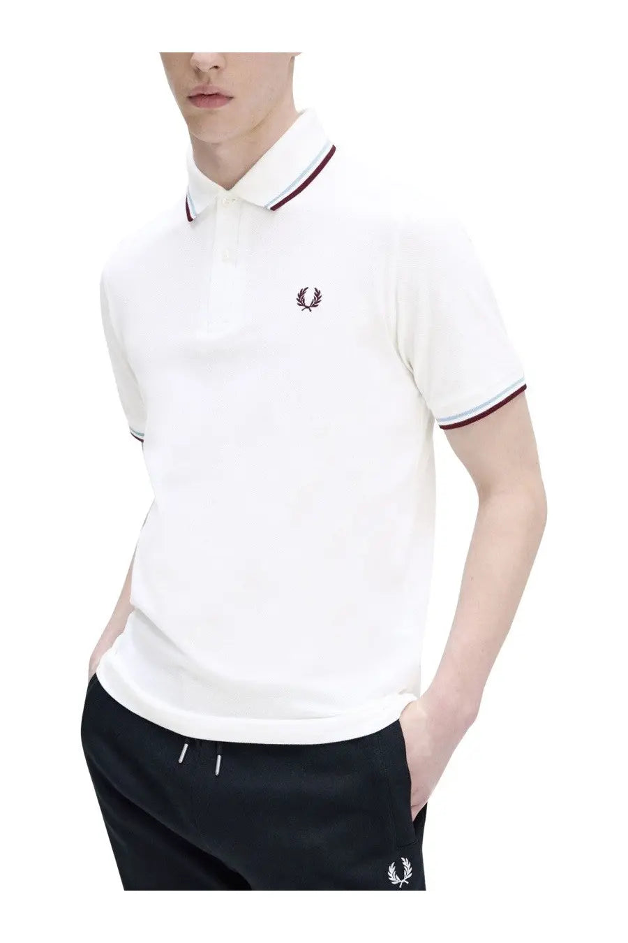 Fred Perry men’s white M12 polo shirt with maroon and light blue trim and embroidered laurel wreath logo on chest