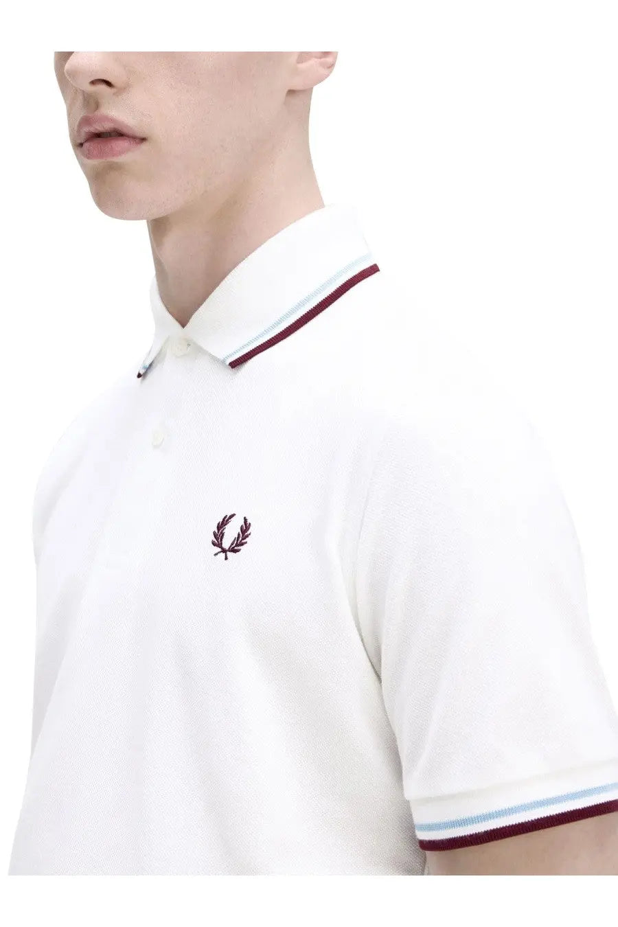 White Fred Perry men’s M12 polo shirt with maroon and light blue trim in cotton blend for casual wear