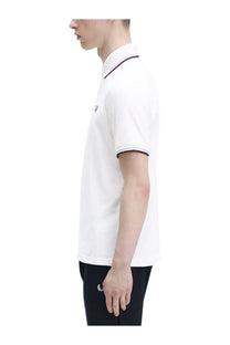 Fred Perry men’s white polo shirt with maroon trim and small embroidered logo on chest in cotton material