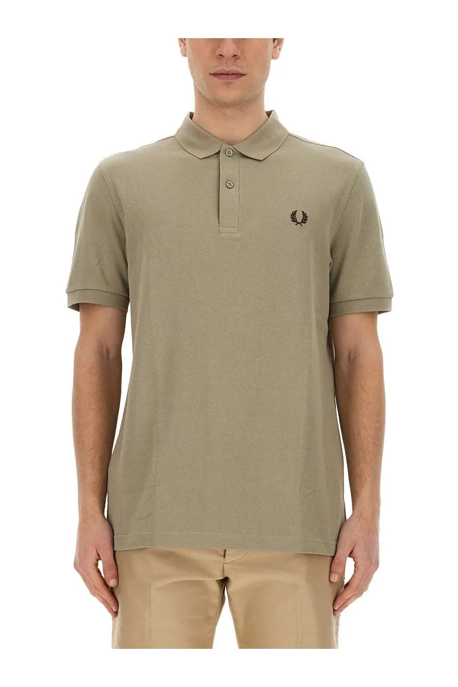 Fred Perry men’s beige polo shirt with classic collar two-button placket and embroidered laurel wreath logo on chest