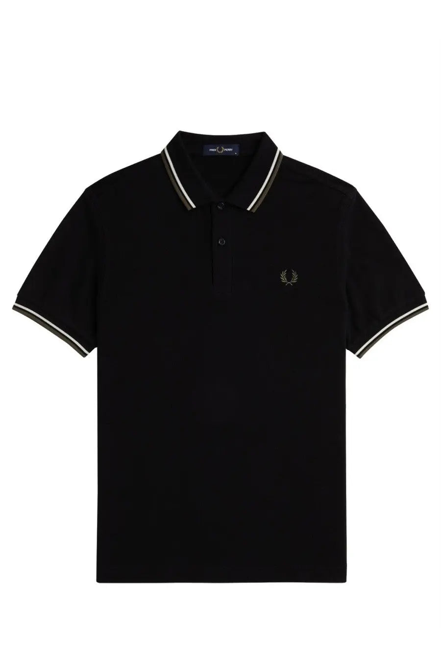 Fred Perry men’s black polo shirt with white trim collar and sleeves featuring embroidered laurel wreath logo