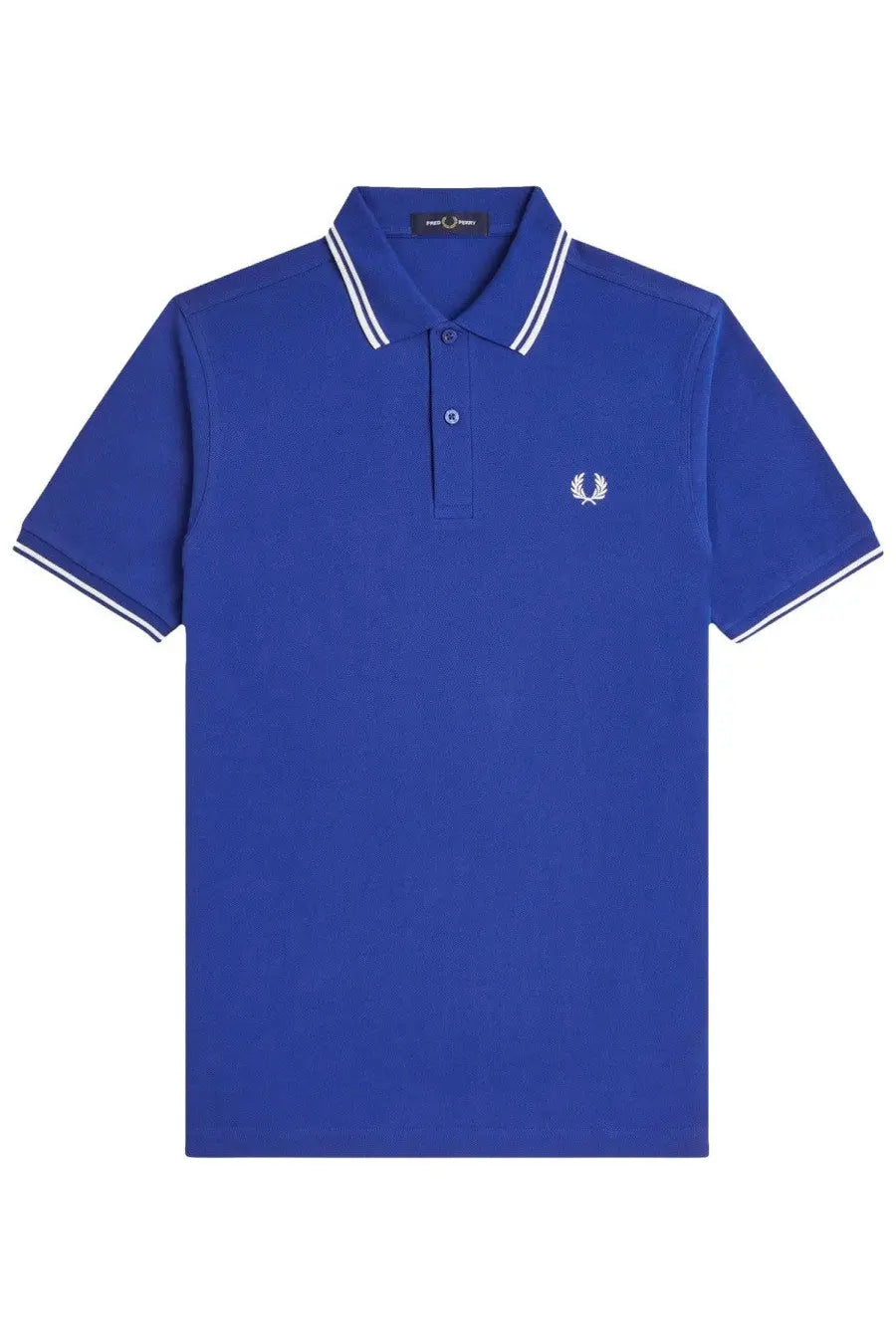 Royal blue Fred Perry men’s polo shirt with white collar and sleeve trim and embroidered laurel wreath logo