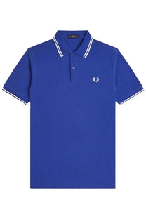 Royal blue Fred Perry men’s polo shirt with white collar and sleeve trim and embroidered laurel wreath logo