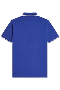 Royal blue Fred Perry men’s polo shirt with white trim on collar and sleeve cuffs in short sleeves