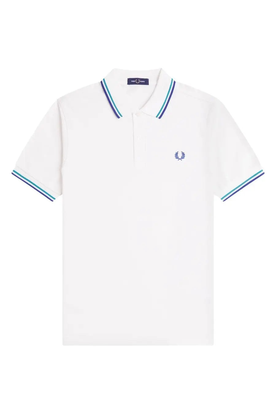 Fred Perry men’s white polo shirt with navy and teal striped collar and cuffs and embroidered laurel wreath logo