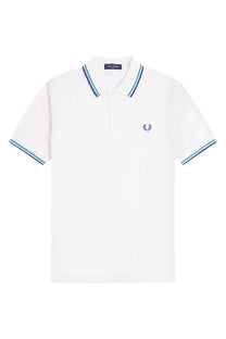 Fred Perry men’s white polo shirt with navy and teal striped collar and cuffs and embroidered laurel wreath logo