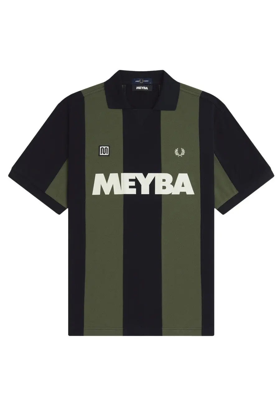 Fred Perry men’s polo Meyba with black and olive green vertical stripes and white Meyba logo on the chest