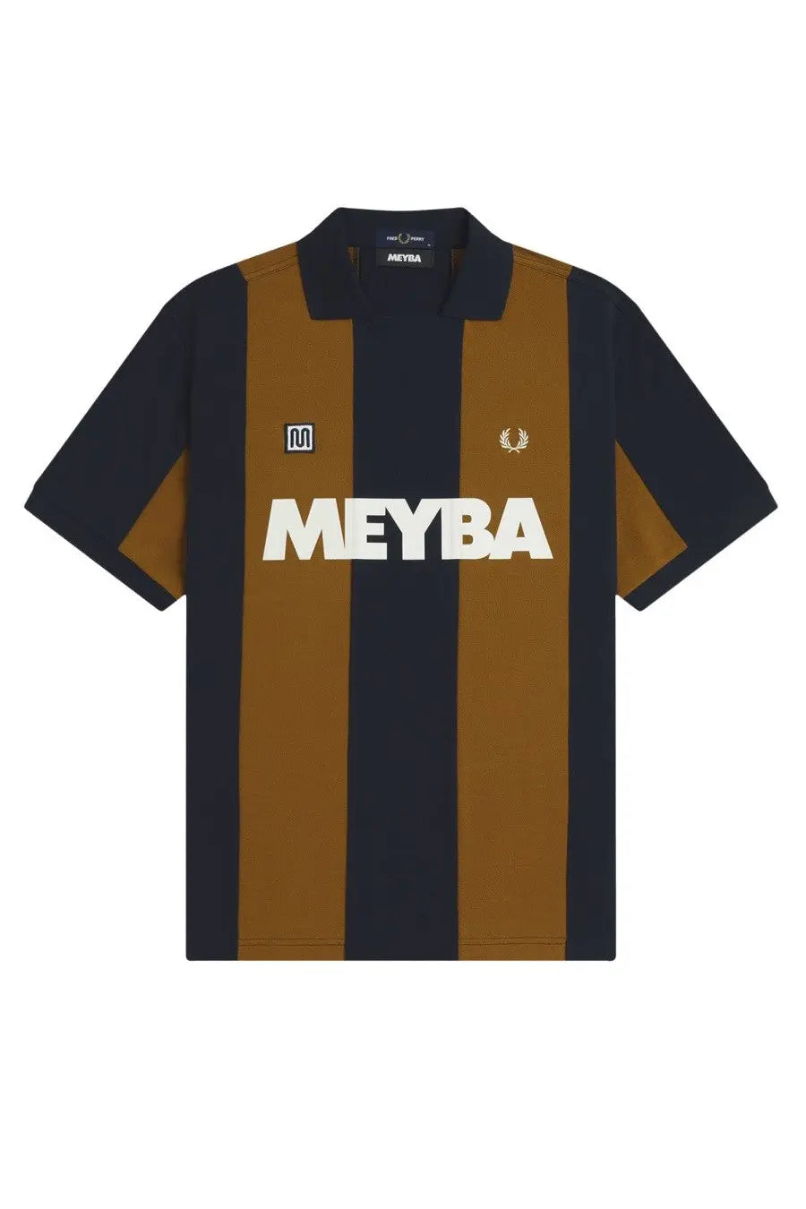 Fred Perry men’s polo meyba multicolor with navy and mustard vertical stripes and bold white meyba logo on chest